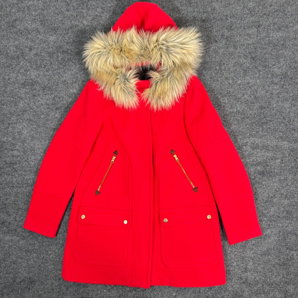 J.Crew Stadium Cloth Nello Gori Wool Parka Faux Fur Hood Womens 6 Red Wool EUC
